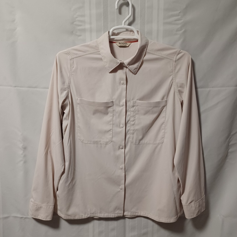 Simms Fishing Shirt Womens Large Pink Long Sleeve Snap Front Back Zip Pocket